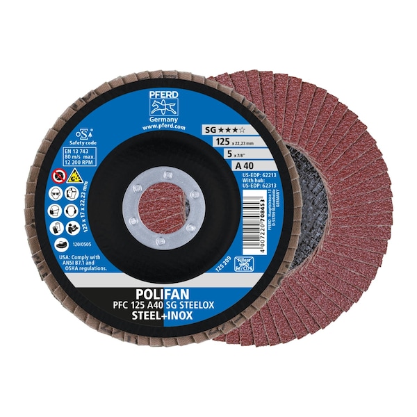 Pferd 5" x 7/8" A.H. POLIFAN Flap Disc - A SG STEELOX, Aluminum oxide, 40 Grit, Conical 62213 - main